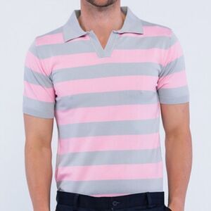 1729 NWT EDOARDO CARAVELLAV-NECK SHORT SLEEVE POLO SHIRT // STRIPED PINK + GRAY